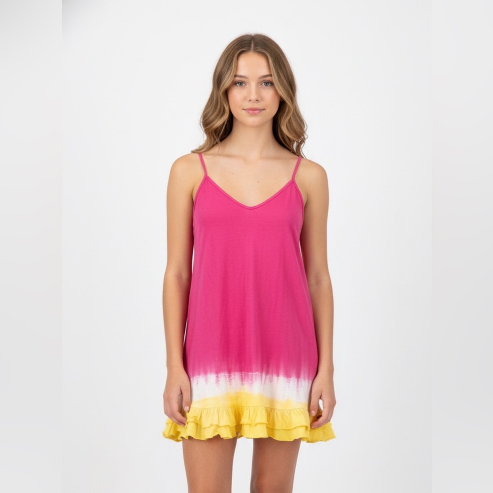 VICTORIA SECRET PINK VINTAGE HOT PINK WHITE YELLOW TIE-DYE MINI DRESS Y2K RUFFLE